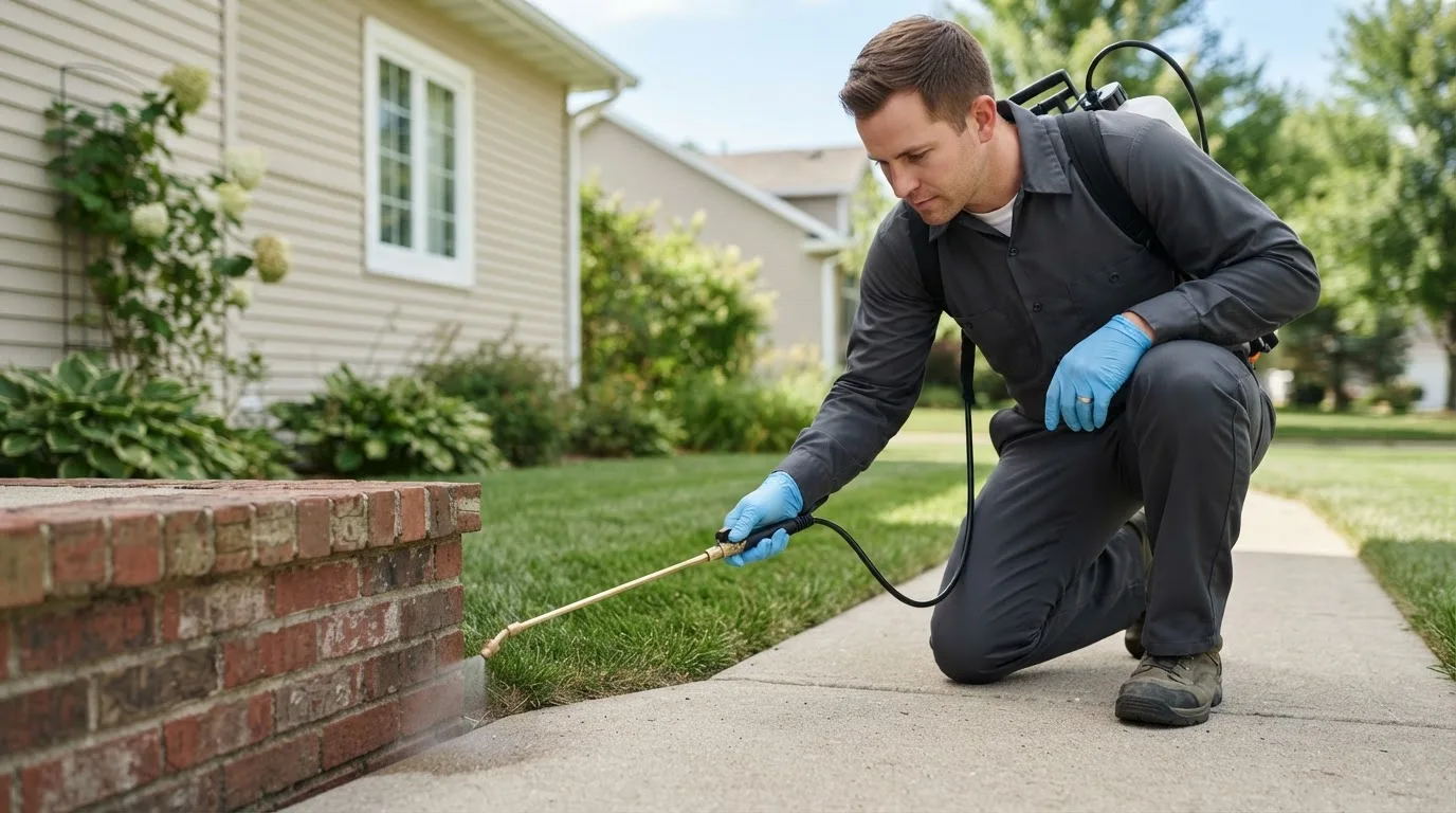 Pest control technician treating a home near Troy Grove, IL
