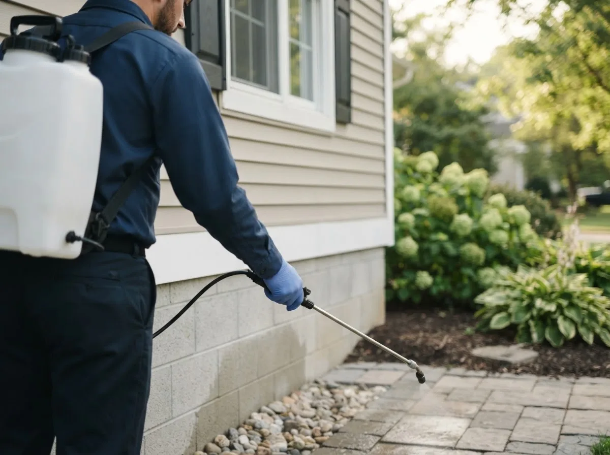 Pest control technician inspecting a home in Troy Grove, IL